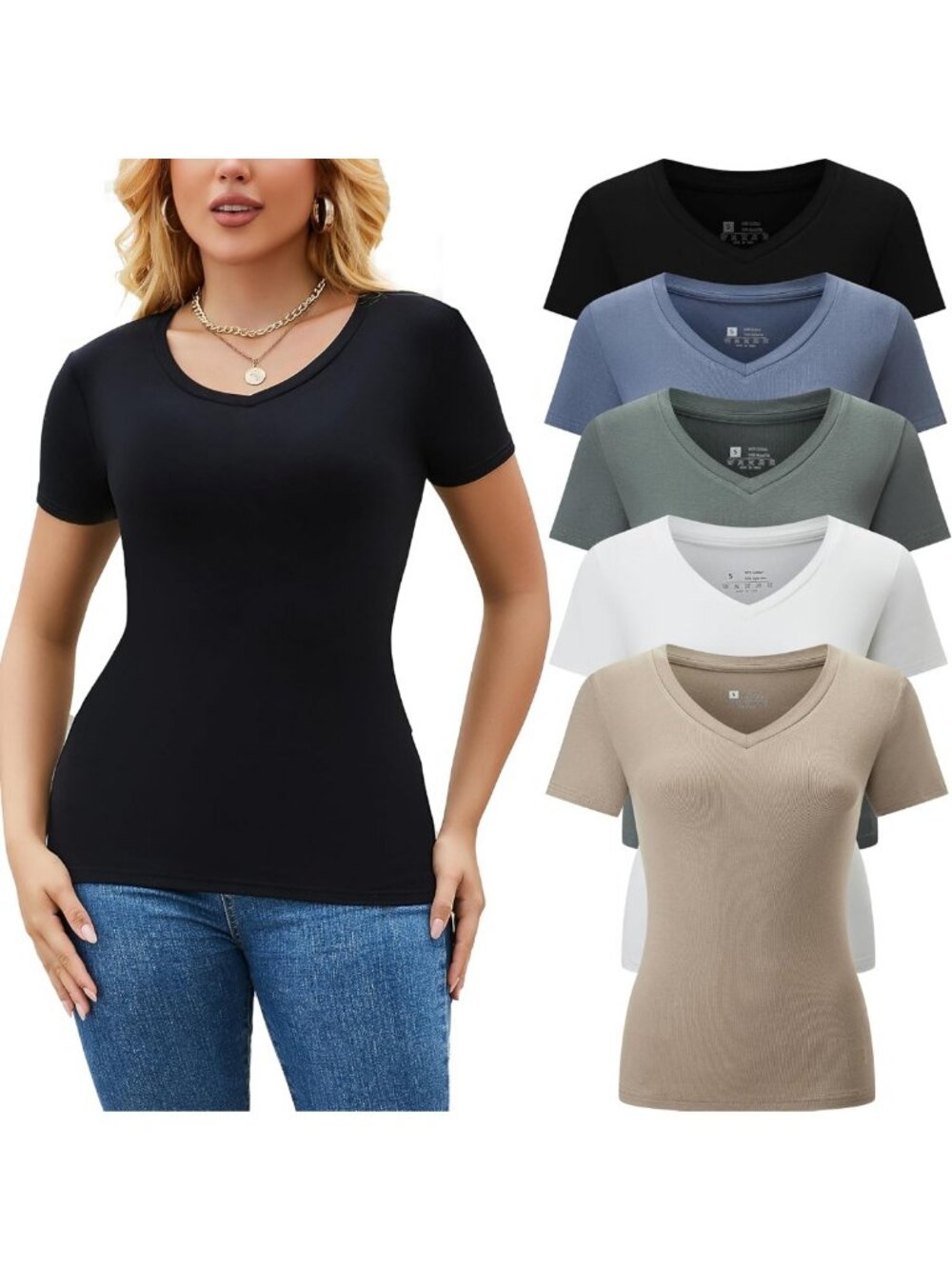 5 Pack Women's V-Neck Short Sleeve Tees - Slim Fit Casual T-Shirts for Everyday
